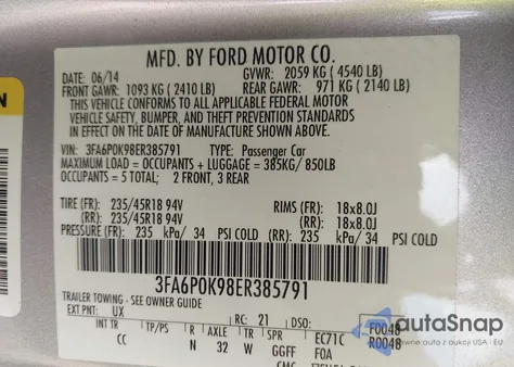 2014 Ford Fusion Titanium z USA, uszkodzony, nr VIN 3FA6P0K98ER385791